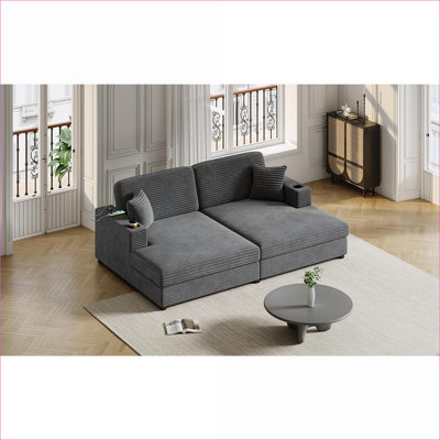 Canapés modulaires | Canapé-lit moderne surdimensionné de 86,5 po pour chambre à coucher avec porte-gobelets à ports USB | Gris anthracite | Velours côtelé