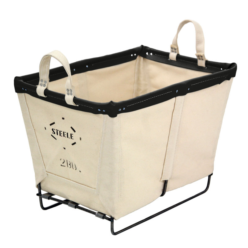 Laundry Basket with Handles, Black Leather, Steel Runners