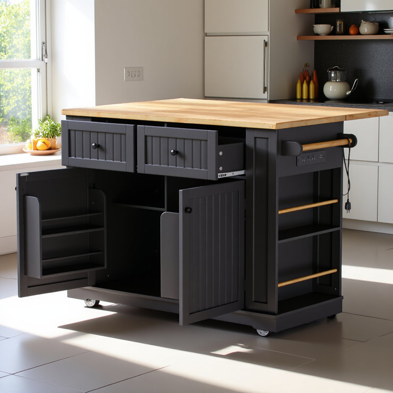 48 Inch Kitchen Island With Drop Leaf,power Outlet,internal Storage Rack,rolling Kitchen Storage Cart On 5 Wheels With 5 Open Side Racks,for Kitchen,black (old Sku N707p257057b)(not Include Stools)