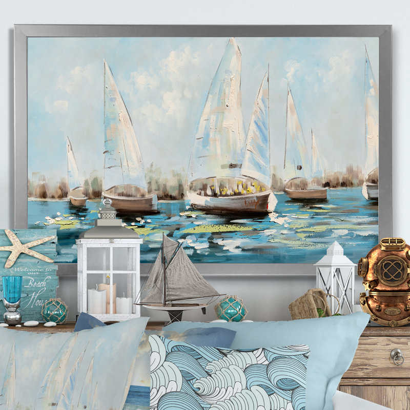 Voilier dans l'eau - reproduction sur toile, H 16 po x l 32 po x P 1 po, Cadre photo argenté