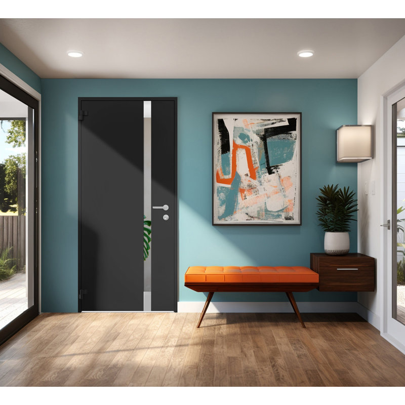 Porte d'entrée extérieure prémontée en acier Cynex 6777, inserts en acier inoxydable noir, style moderne, peint, largeur 91,4 cm x hauteur 203,2 cm, ouverture à droite vers l'extérieur.
