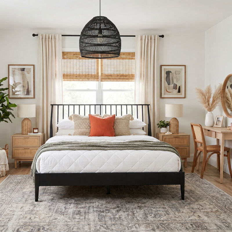 Lit plateforme moderne style Mid-Century avec tête de lit à broche Boho avec tête de lit haute de 46,5 po, cadre de lit en bois de bambou massif avec lattes de bois et support en métal, aucun sommier nécessaire, noir, très grand