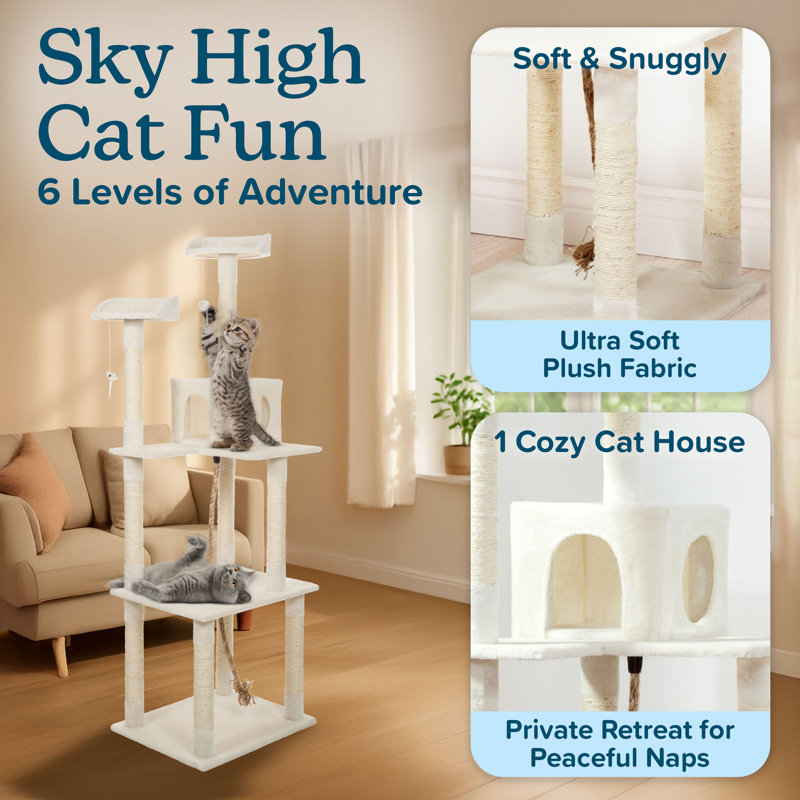 PETMAKER 6-Foot Cat Tower, Cat Condo 9 Sisal Rope Scratching Posts with Hanging Toys, 71.5" H x 23.5" W x 19.25" D, Ivory