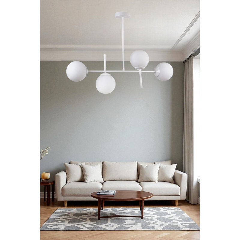 Élégant lustre en métal avec capuchon en verre, 15 x 5,9 pouces | Hauteur totale: 25,6 pouces | 4 x douilles E27 (40 W maximum, ampoule non incluse) | Couleur blanche | pour le salon, la salle à manger et les entrées