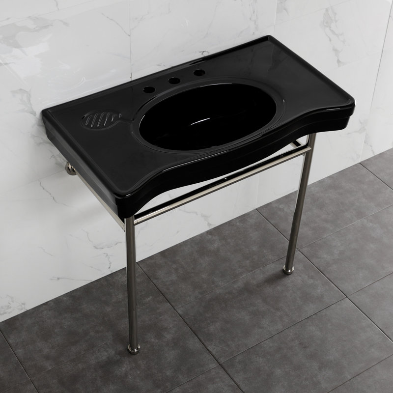 Kingston Brass Bristol 36-Inch Ceramic Console Sink with Stainless Steel Legs (8-Inch, 3-Hole), Black/Polished Nickel