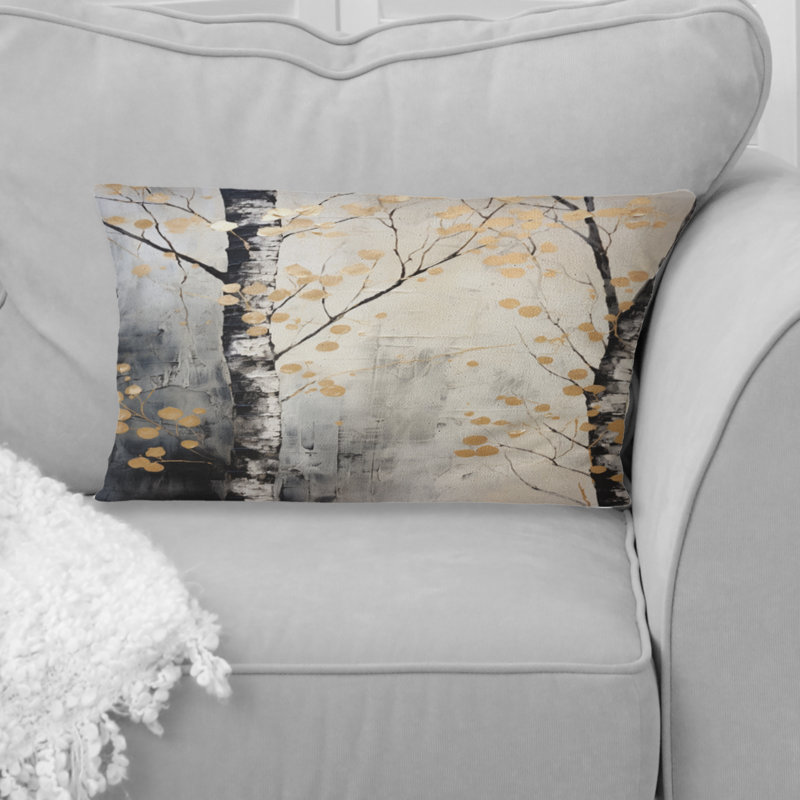 Arbre à fleurs monochromes gris et or - Coussin décoratif imprimé arbre monochrome