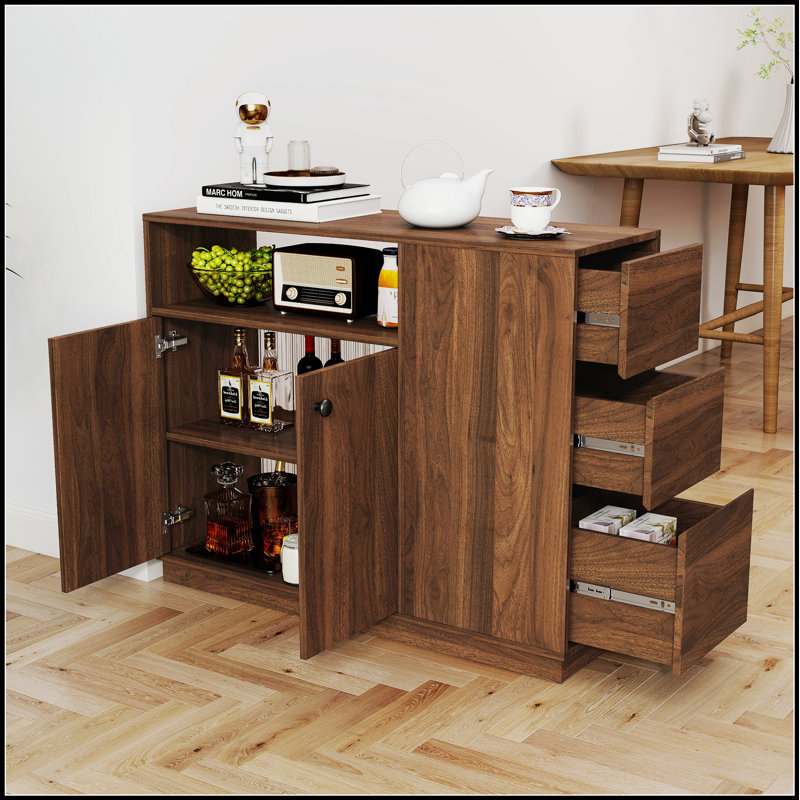 Buffet de cuisine compact avec 2 portes coulissantes en verre, 3 tiroirs latéraux et petites tablettes pour un rangement organisé et une présentation élégante
