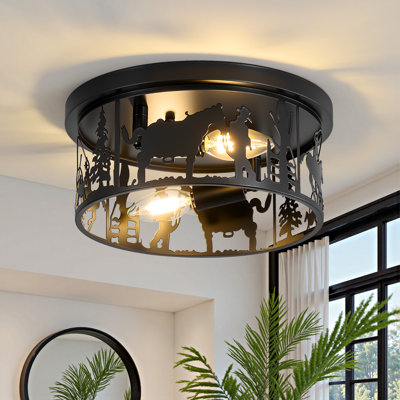 Plafonnier semi-encastré 11,2 po à 2 lumières de style campagnard avec cheval de cowboy