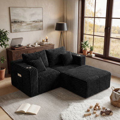 Compression Modular Sectional Sofa, 2-Piece Compression Low Profile Loveseat with Cup Holders, Side Storage Pocket and 4 Pillows, No Assembly Roll-Pack Sofa for Living Room, Green/Black/Blue/Gray