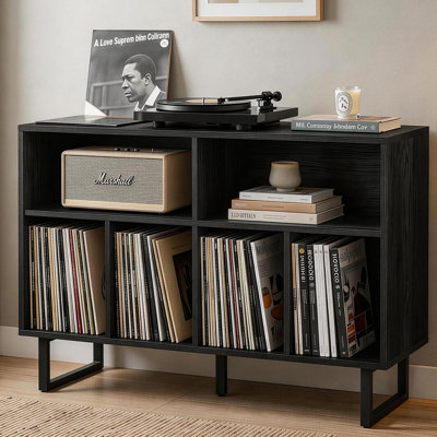 Grand support pour tourne-disque avec rangement, armoire pour tourne-disque avec rangement en vinyle, console avec plateau tournant de style Mid-Century, noyer noir, pour albums, média, chaîne stéréo, bibliothèque pour le salon, noir