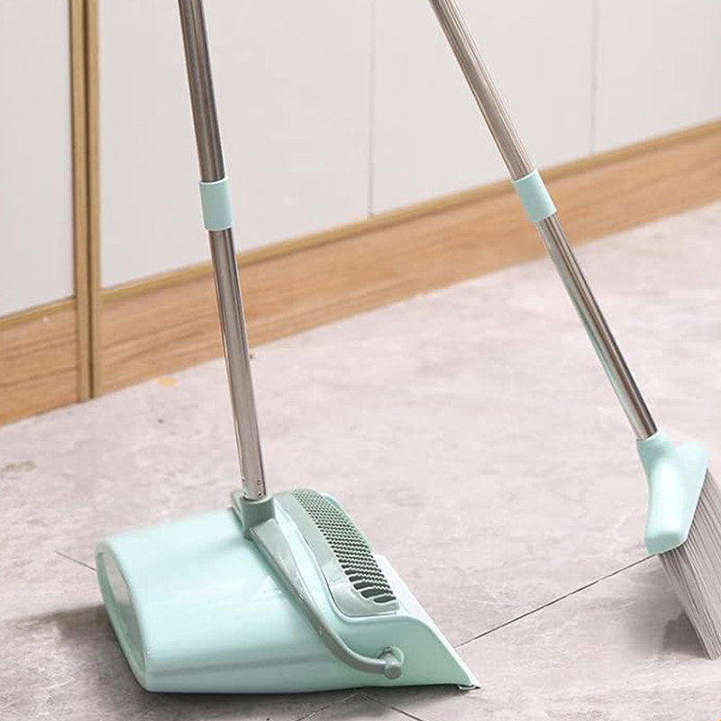 Bluish Green Stainless Steel Broom and Dustpan Set with Adjustable Handle
