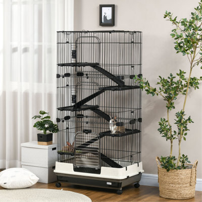 Cage pour petits animaux Pawhut 60 po avec roulettes, cage à 6 niveaux portable, cage de furet Chinchilla avec plateau amovible, plateformes et rampes