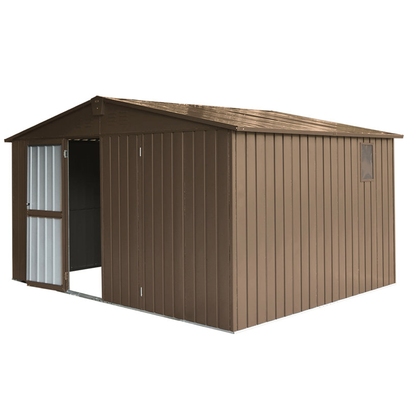 Remise utilitaire d'extérieur en acier galvanisé, fenêtres de 11 pi x 9 pi, porte verrouillable, 630 pi³, remise à outils avec cadre de rangement brun, porte et 630 pi³ Grande capacité