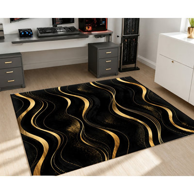 Tapis abstrait tourbillon doré, motif de lignes dorées ondulées sur fond noir, doux artistique, lavable à la machine, envers antidérapant, tapis d'intérieur de luxe pour salon, chambre à coucher, bureau, salle à manger, couloir, appartement