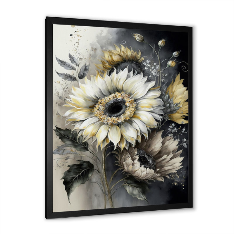 Tournesol blanc - art mural grand tournesol, Impression noire sur toile encadrée, H 44 po x l 34 po x P 1,5 po
