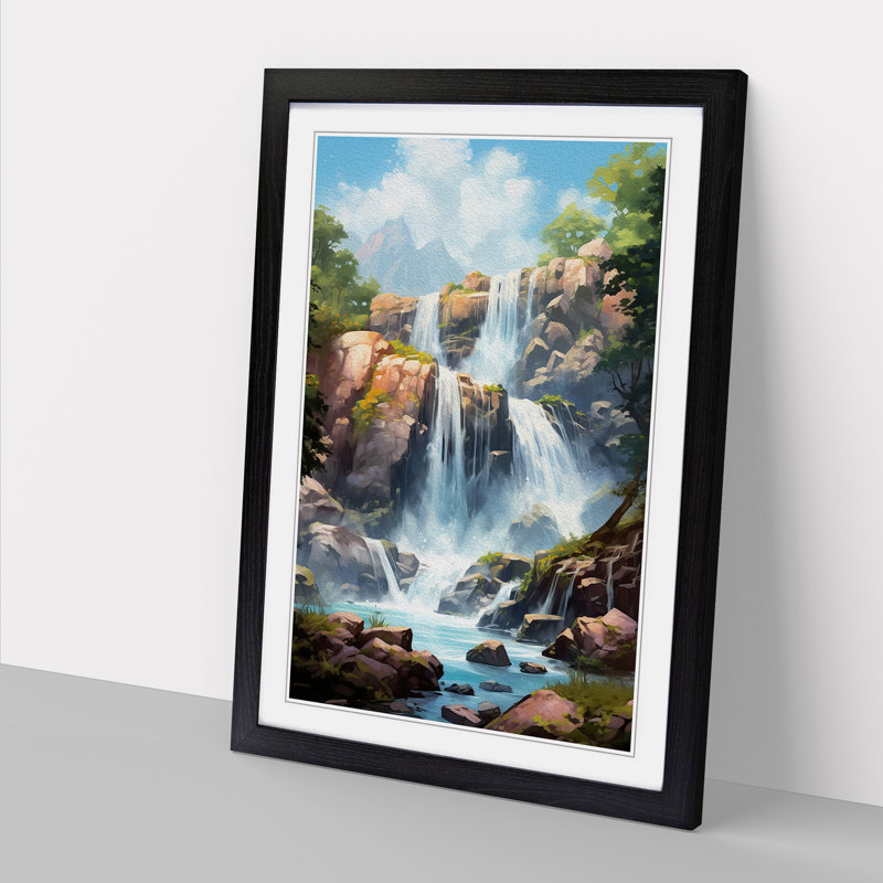Waterfall Tachisme Art - Framed Print, 64cm H x 46cm W, Black Framed