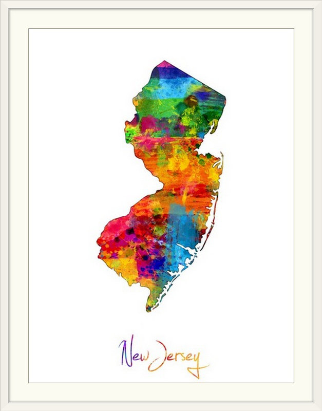 Francy «New Jersey Map» par Abarca, impression, Cadre blanc, H 24 po x l 20 po x P 1 po