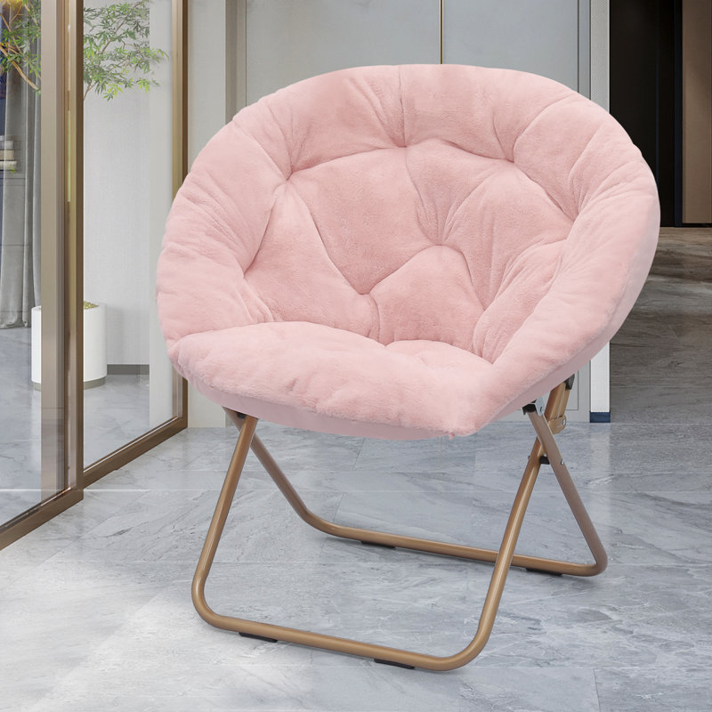 Pink Faux Fur Foldable Metal Frame Papasan Accent Chair