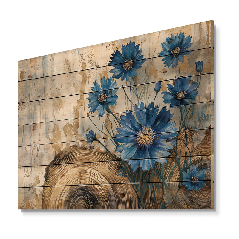 Turquoise bleuet fleurs et paysage de bois II - impression sur bois de bleuet - sur bois de pin naturel