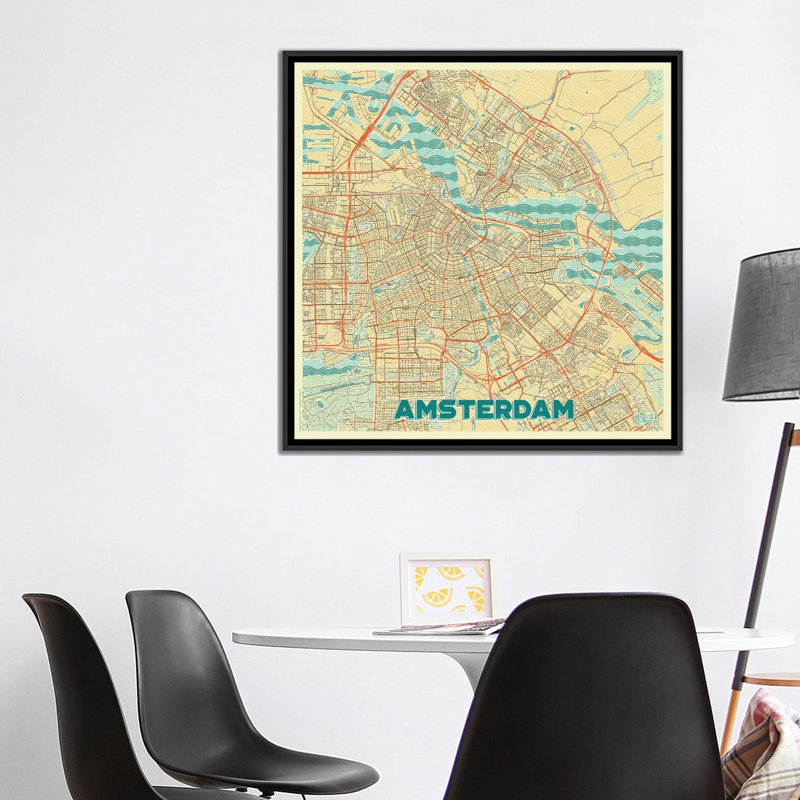 « amsterdam rétro urban blueprint map », reproduction d’impression sur toile, H 18 po x l 18 po x P 1,5 po, Pas de tapis