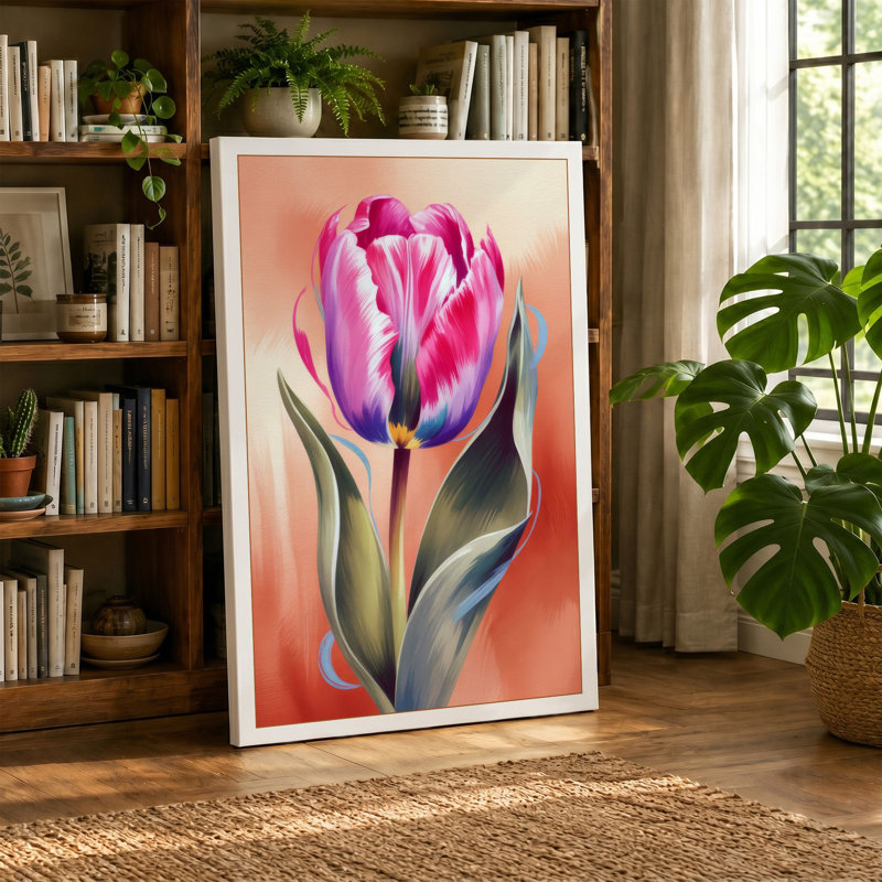 Magenta Tulip Botanical 1 Piece Wrapped Canvas Wall Art, 24x16 - 61.0 x 40.6 cm, White Border
