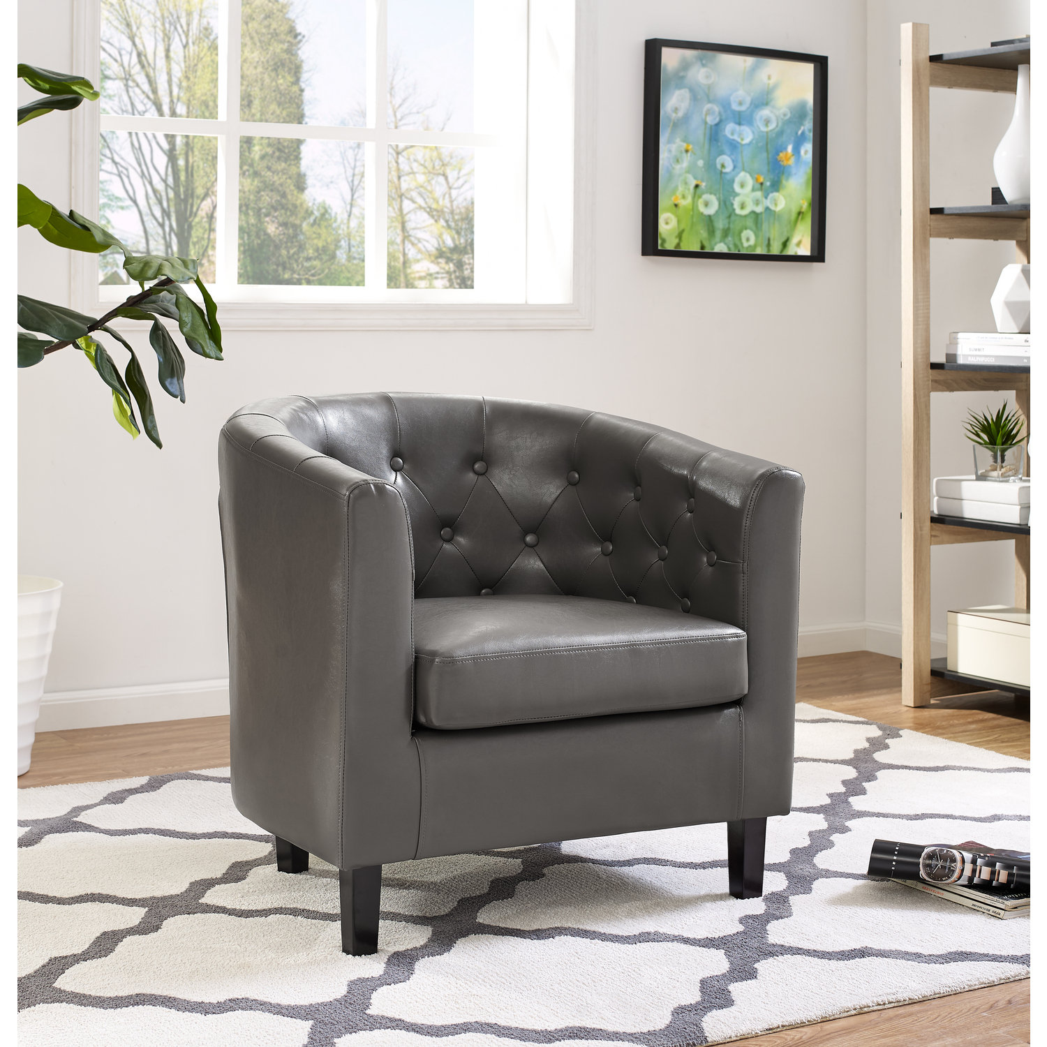 ATHMILE Black Mid-Century PU Leather Solid Wood Accent Chair with Removable Cushion (Set of 1)