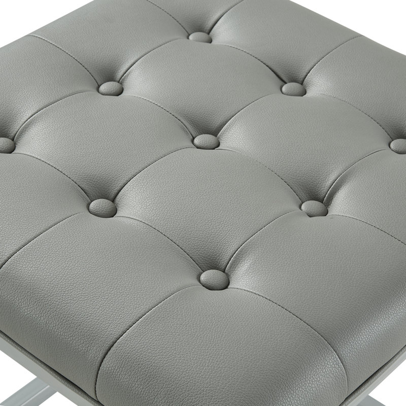18" Faux Leather Grey Cube Ottoman, Grey Faux Leather