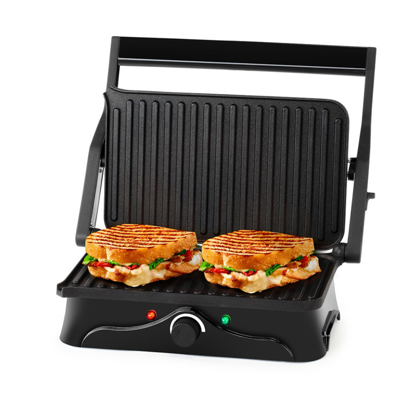 Holstein Housewares 2-Slice Panini Press and Grill - Black/Stainless Steel Sandwich Maker with Non-Stick Coating, Temperature Control, and Drip Tray - Opens 180 Degrees for Versatile Cooking