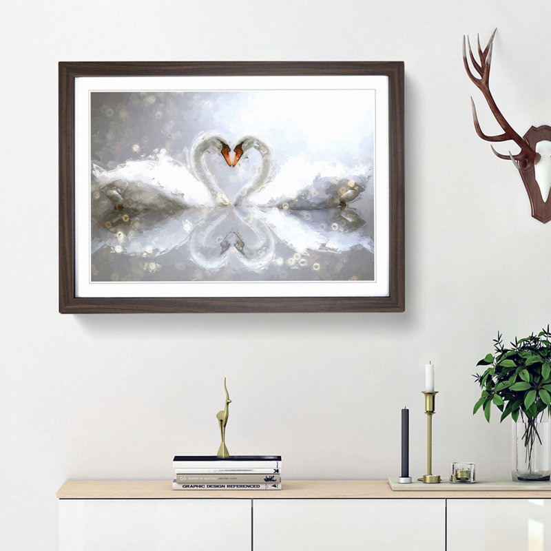 Swans Forming a Love Heart in Abstract - Picture Frame Graphic Art Print, 27cm H x 36cm W x 2cm D, Walnut Framed