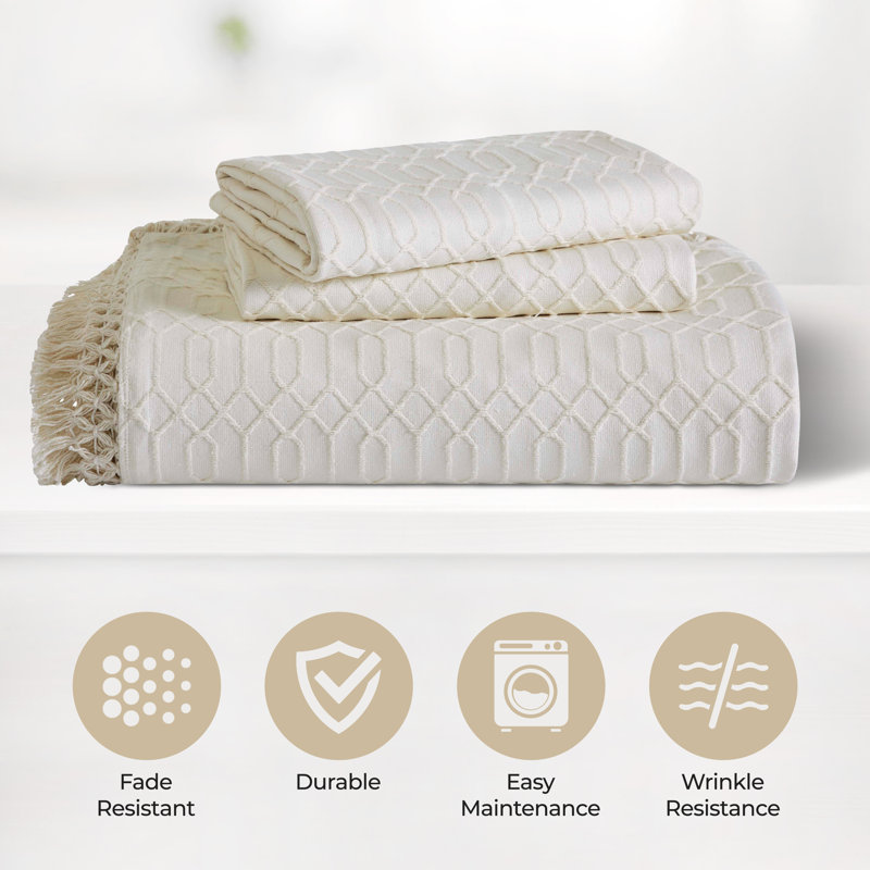 Ivory Twin Cotton Geometric Fringe Bedspread Set