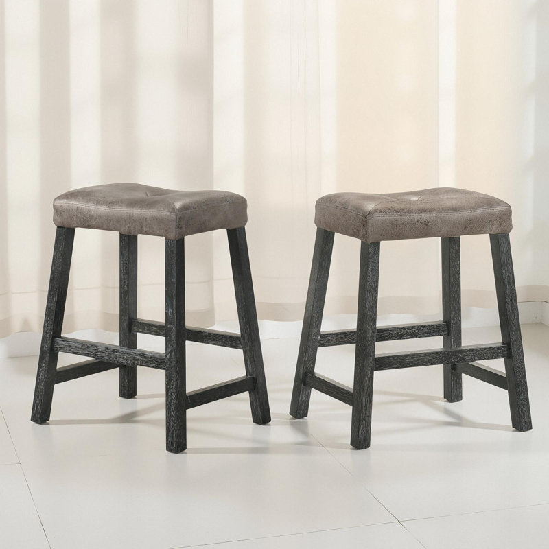 Ensemble de tabouret de bar rustique en bois de 2 à 25 pouces avec siège en cuir, finition vieillie et structure robuste