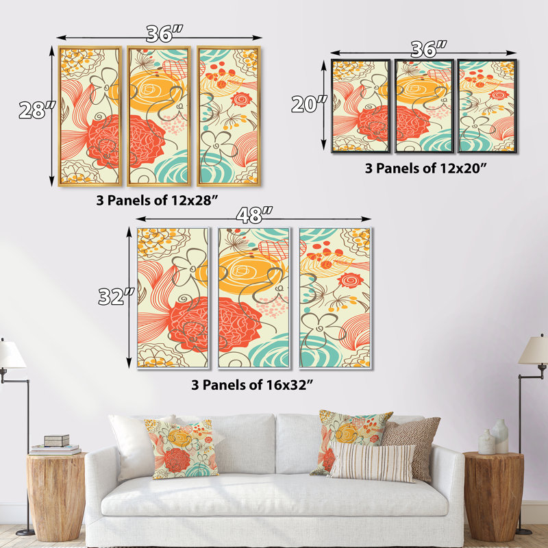 Fleurs rétro orange et bleues - ensemble d'art moderne encadré sur toile Mid-Century, H 28 po x l 36 po x P 1 po, Noir