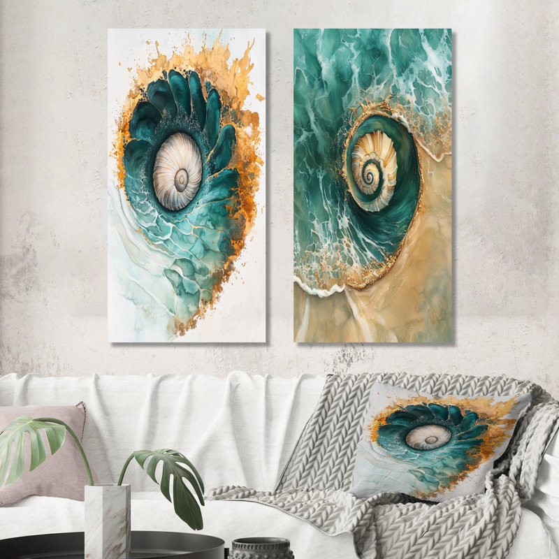 Coastal Spiral Emerald Seashell I - Collection d'art mural animaux 2 panneaux, H 28 po x l 25 po, Toile tendue