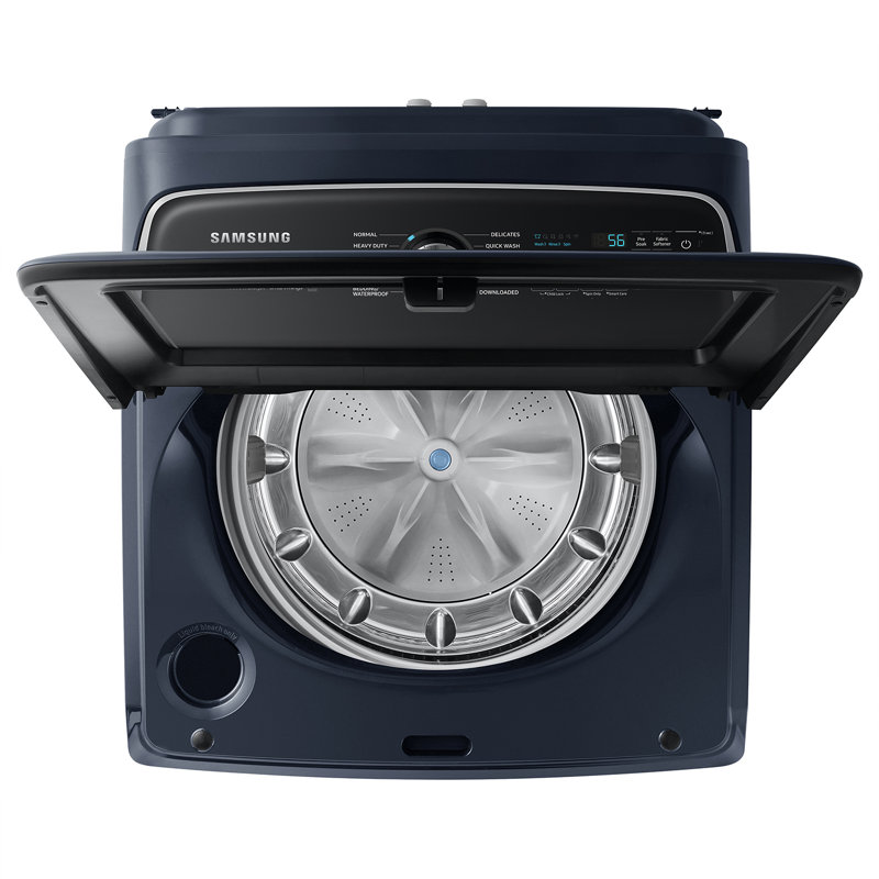 Samsung 5.4 cu. ft. Top Load Washer with 7.4 Cu. Ft. Dryer with Steam Santize+, Natural Gas, Brushed Navy