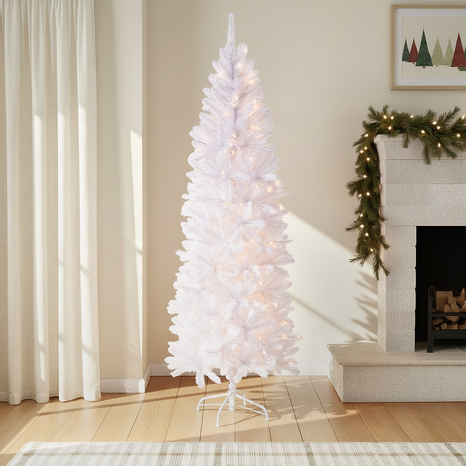 The Holiday Aisle® Kingswood Fir White Pencil Tree with Clear Lights, 6.5'