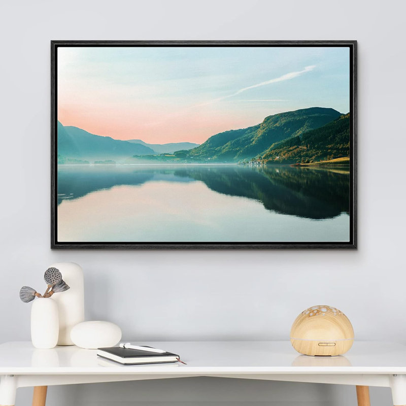 Nature, paysage, pastel, coucher de soleil, ciel, montagne, vallée, lac, sur toile, H 24 po x l 36 po x P 1,5 po, Cadre noir