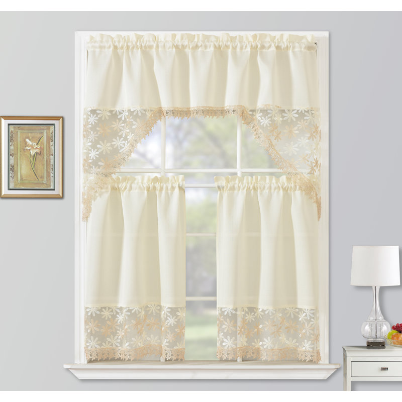 Pardue Macrame Embroidered Kitchen Curtain Tier & Swag Set, Black