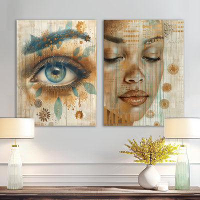 Ensemble de 2 impressions murales vertes et brunes Zen Boho Portrait de femme I - Glam