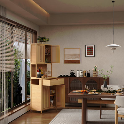 72-Foot-Tall, Wood-Coloured, Double-Door Bamboo High-Capacity Storage Cabinet For Main Living Spaces Such As Dining Rooms, Bedrooms, And Living Rooms