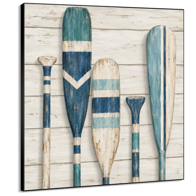 Impression sur tissu grand format - Décoration côtière vintage avec rames en bois bleu et blanc pour salon ou chambre - « Assemblage du cadre requis (cadre non fini) »