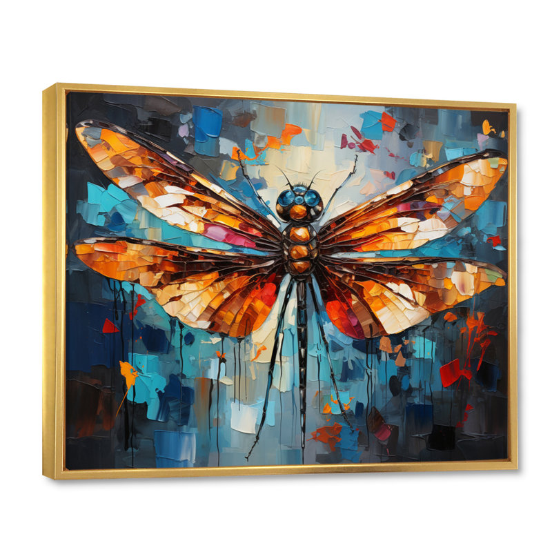 «Orange Dragonfly insectes Flight Collage II», reproduction sur toile, H 30 po x l 40 po x P 1,5 po, Cadre flottant doré