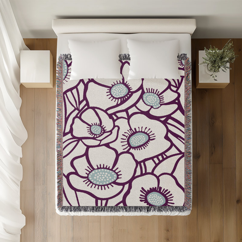 Jeté floral en coton, Violet, 60 x 60