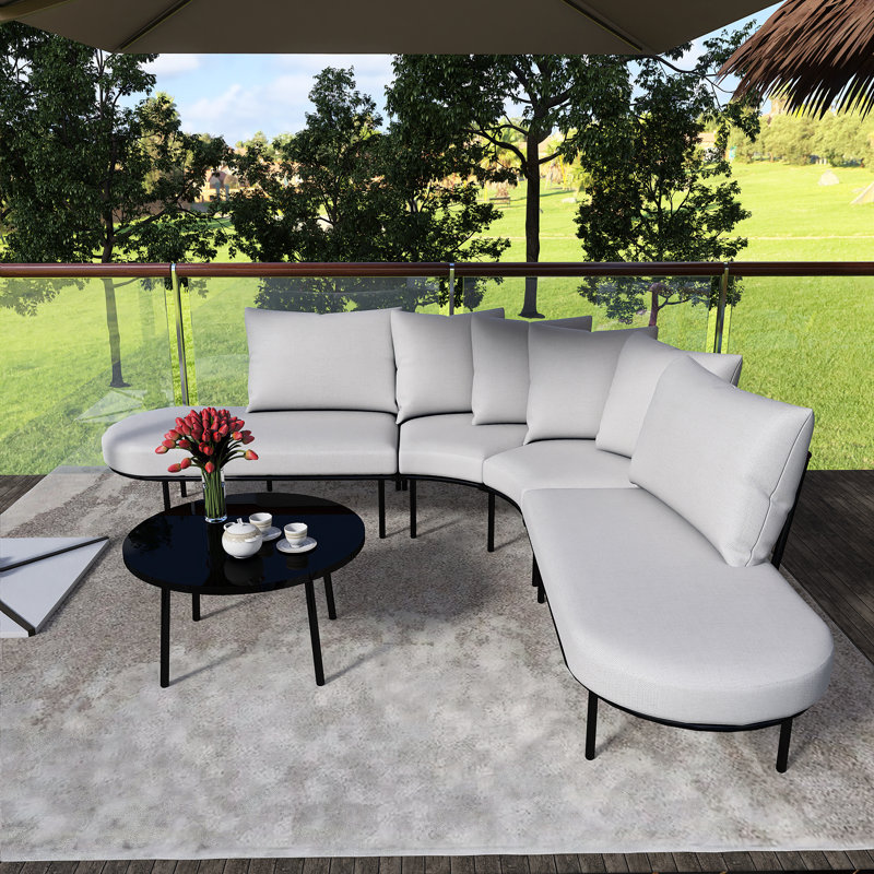 Patio Half - Moon Curved Patio Conservation Set With Coffee Table, Iron Frame Padded Seats And Backrest Cushions, Beige