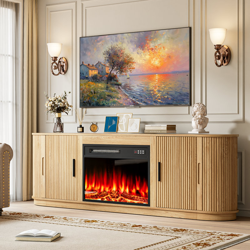 Meuble télé courbé avec foyer électrique, 23.3”H x 60”L x 15.7”W, Naturel