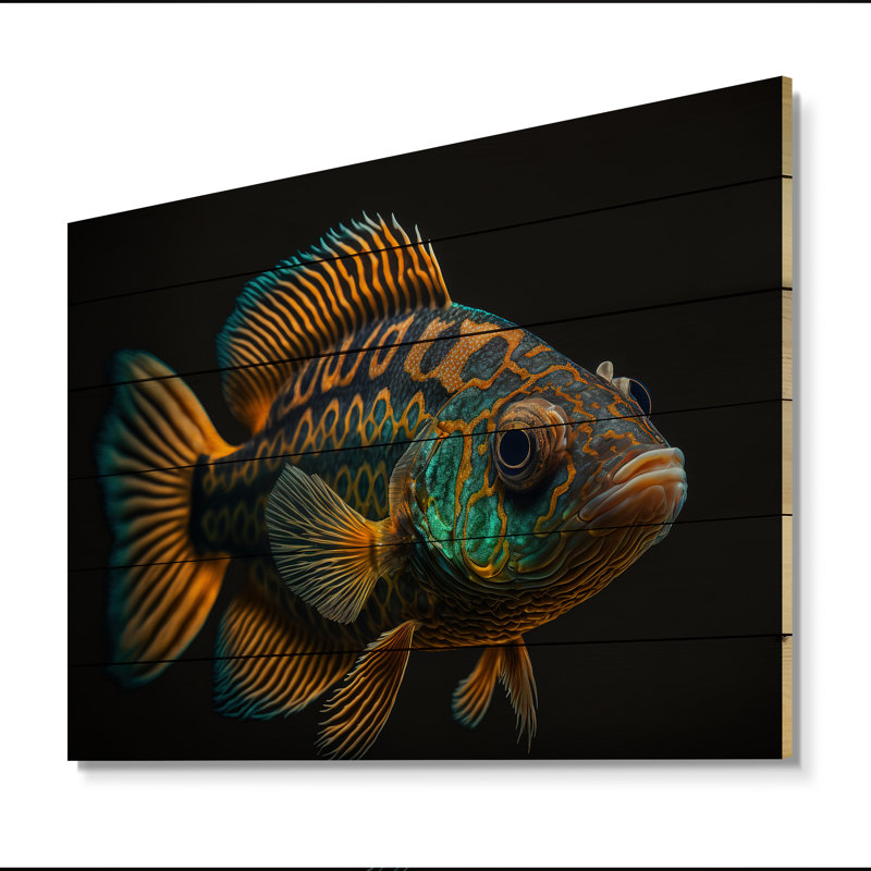 Poisson tropical tropical dans des tons de bleu et d'orange II - impression, L 32 po x H 24 po x P 1 po, Bois