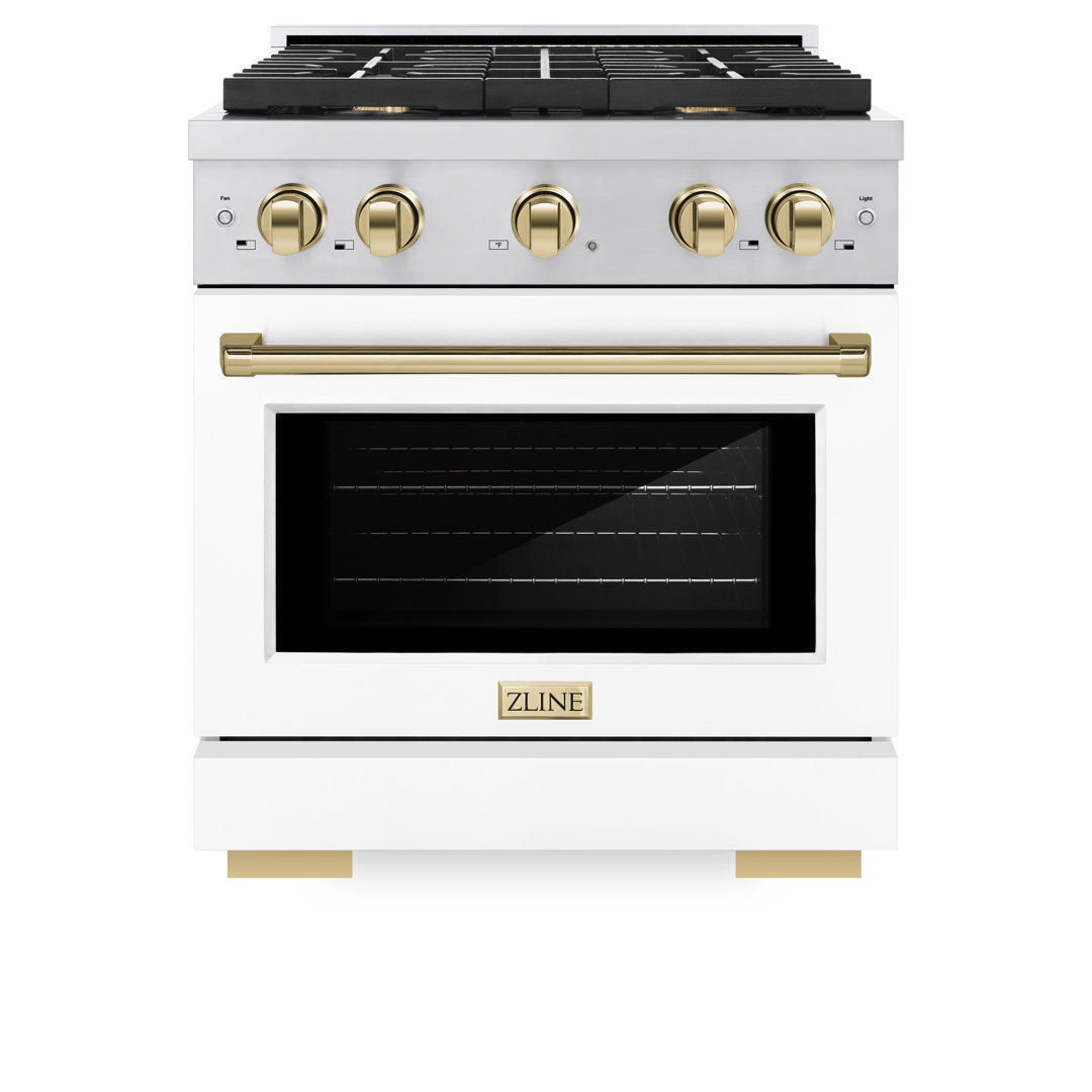 ZLINE Autograph Edition 30 in. 4.2 cu. ft. Paramount Dual Fuel Range W/ 4 Burner Gas Cooktop & Electric Convection Oven in Stainless Steel W/ White Matte Door & Polished Gold Accents (SDRZ-WM-30-G) ZLINE