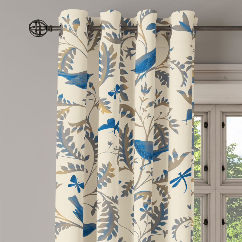 Bungalow Rose Cottagecore Grommet Curtain Birds on Branches Art 50" x 96" Cream and Dark Lavender, 50" W x 72" L