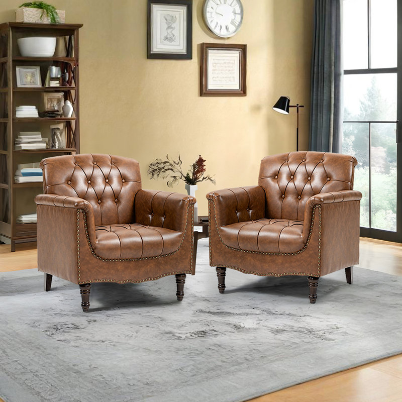 Edvardas 80Cm Wide Tufted Armchair, Brown Faux Leather
