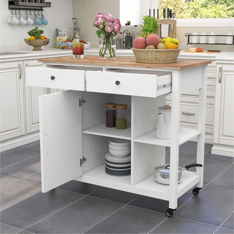 40" Kitchen Island Cart – Rubber Wood Top, Locking Wheels, Versatile Storage & Towel Rack, White