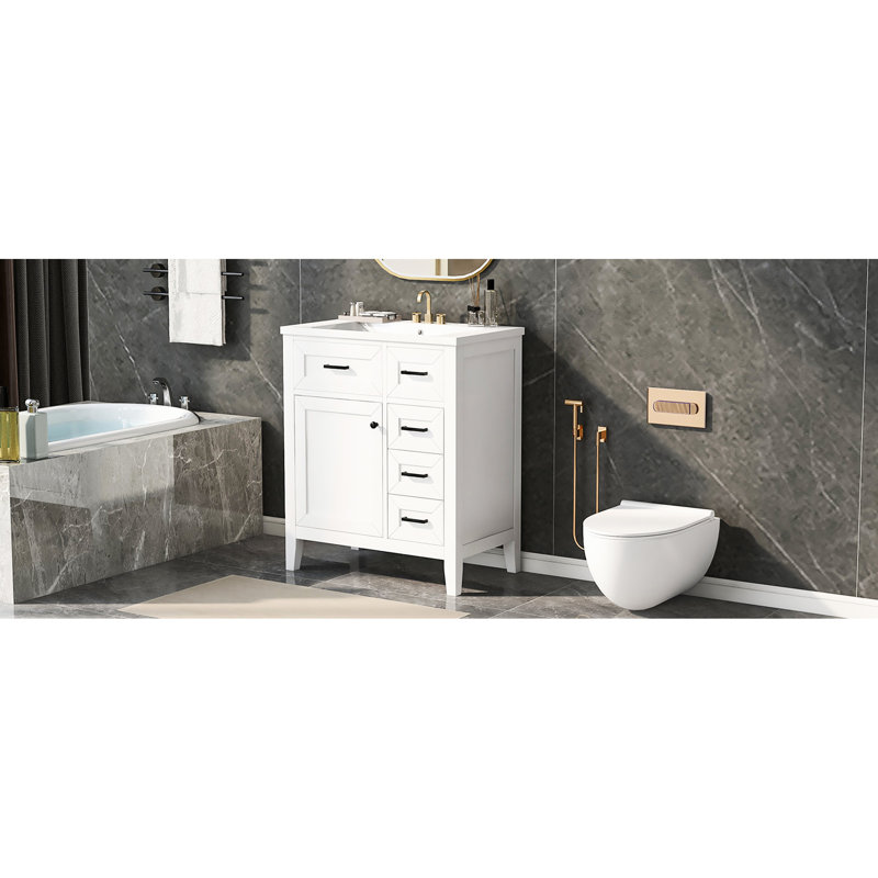 Meuble-lavabo blanc 30 po - Armoire moderne avec lavabo et tiroirs de rangement, Blanc, Noir